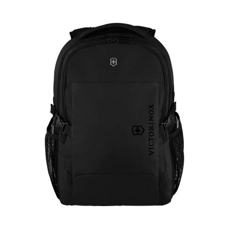 Black backpack with multiple compartments and side pockets.