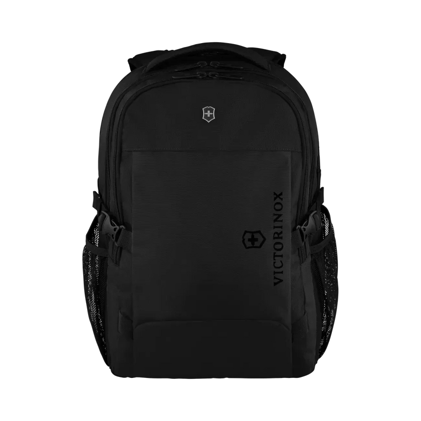 Black backpack with multiple compartments and side pockets.