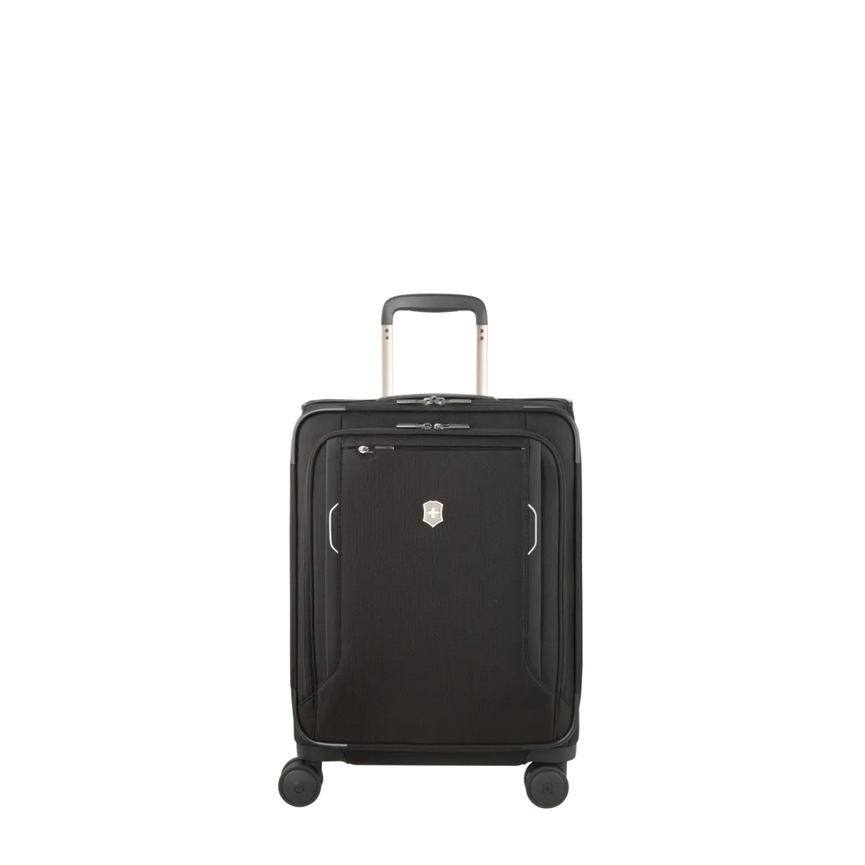 Black rolling carry-on suitcase with a retractable handle.