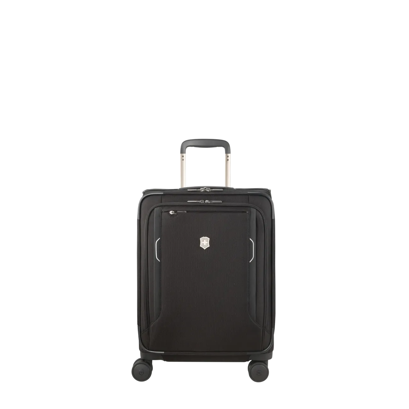 Black rolling carry-on suitcase with a retractable handle.