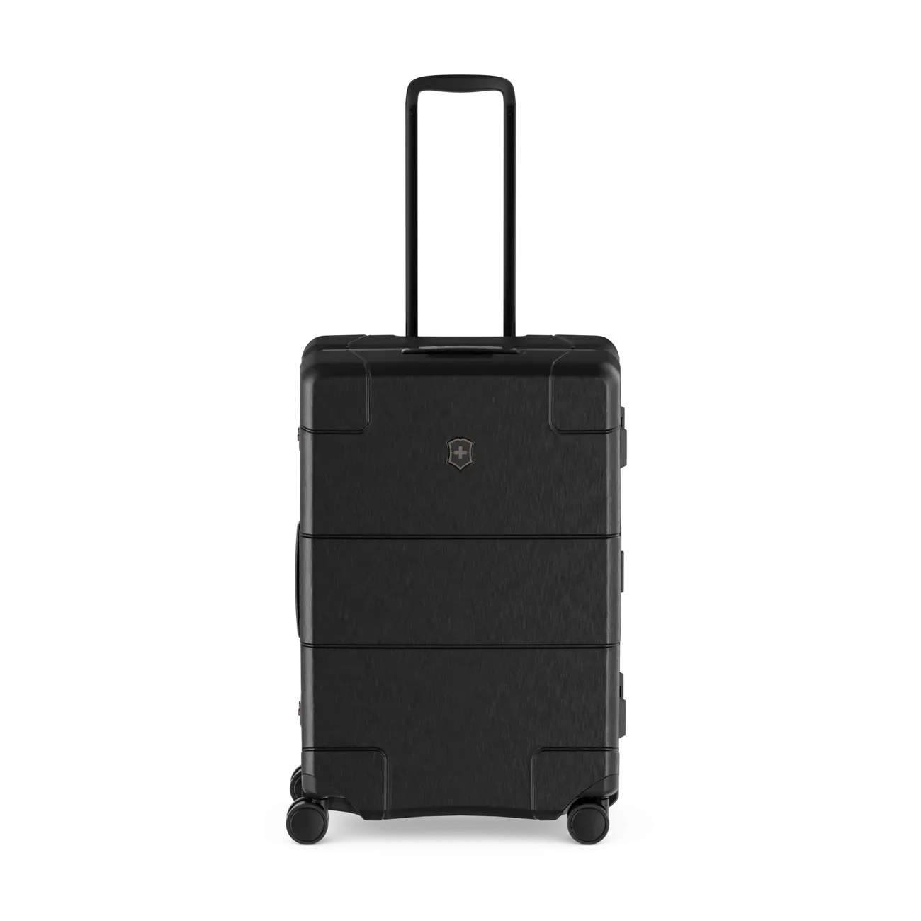 Black hardshell rolling suitcase with horizontal ridges and an extendable handle.