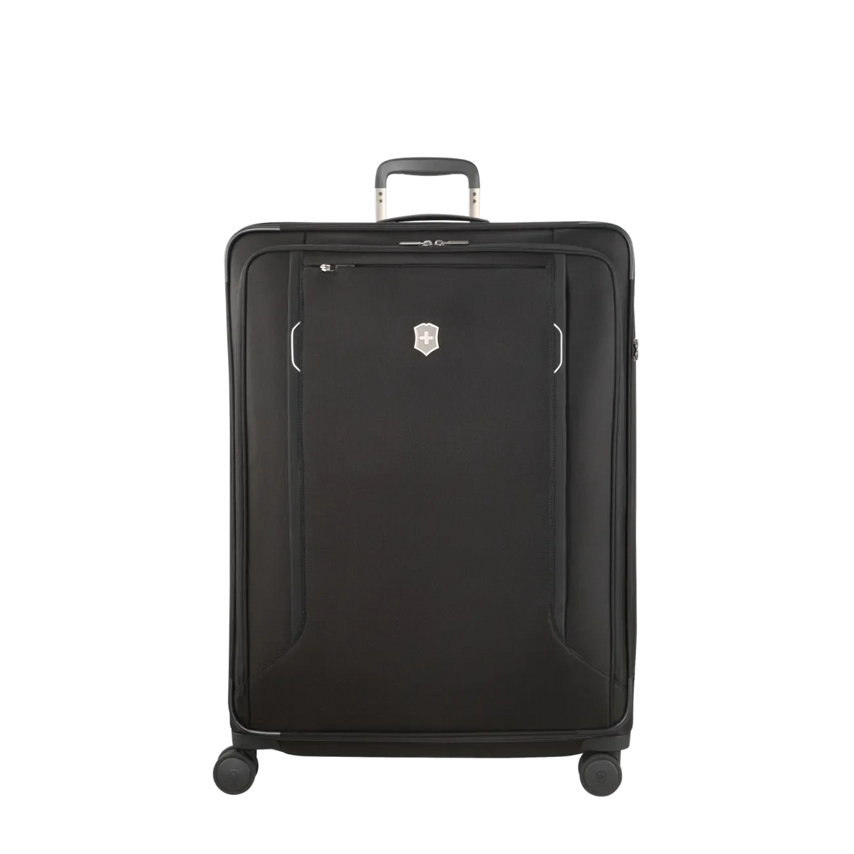 Black rolling suitcase with a retractable handle and spinner wheels.