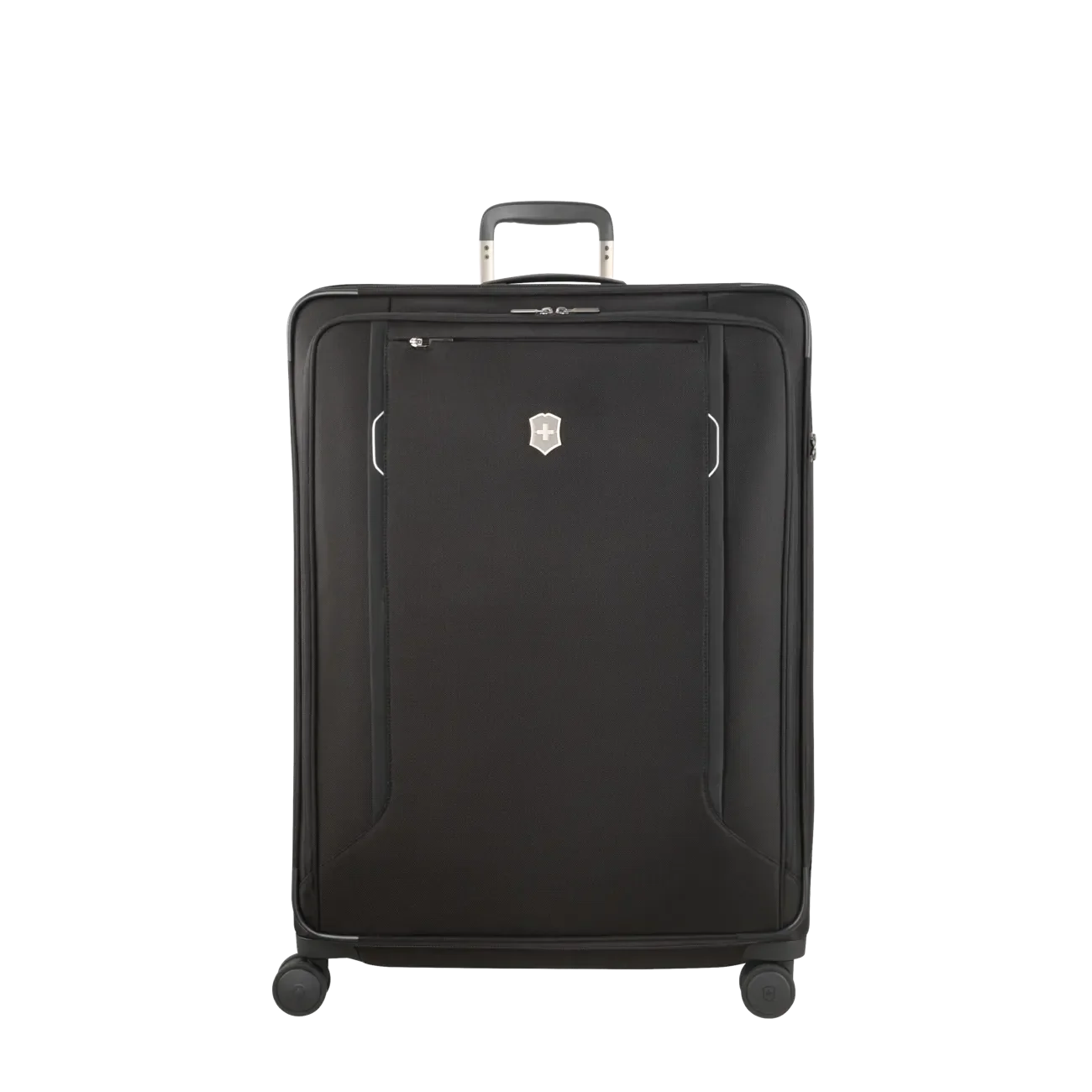 Black rolling suitcase with a retractable handle and spinner wheels.