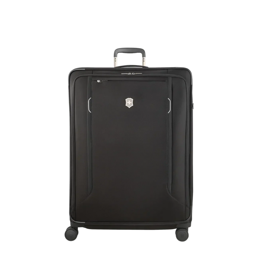 Black rolling suitcase with a retractable handle and spinner wheels.