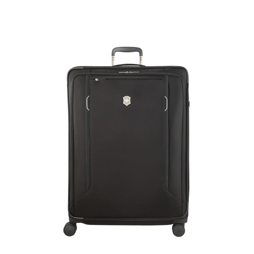 Black rolling suitcase with a retractable handle and spinner wheels.