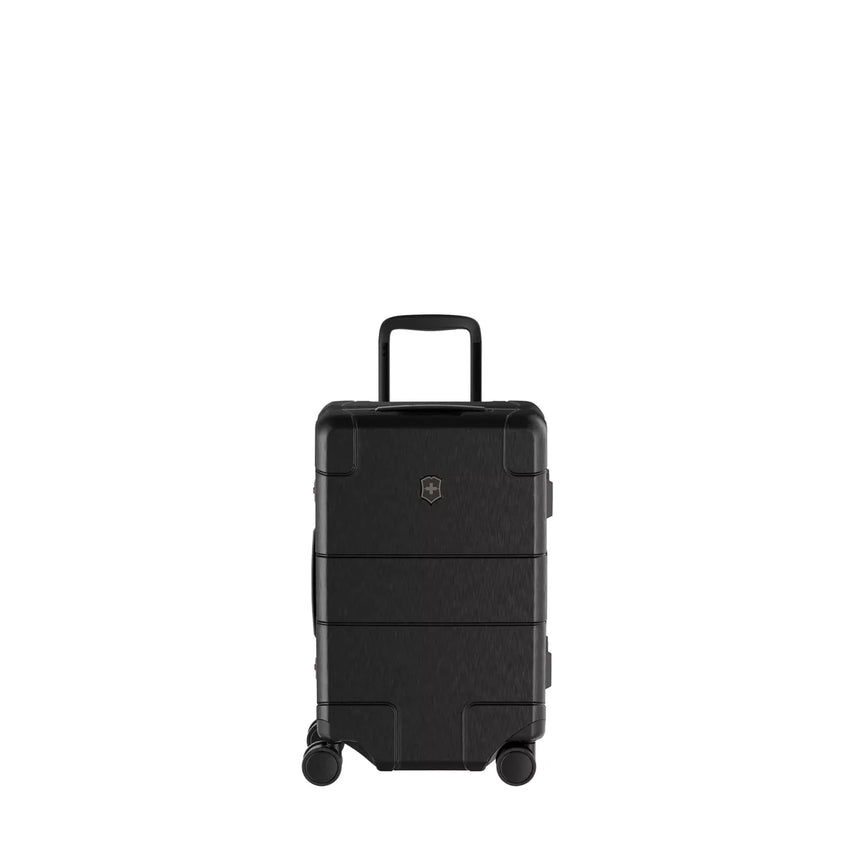 Black hardshell carry-on suitcase with wheels and a retractable handle.