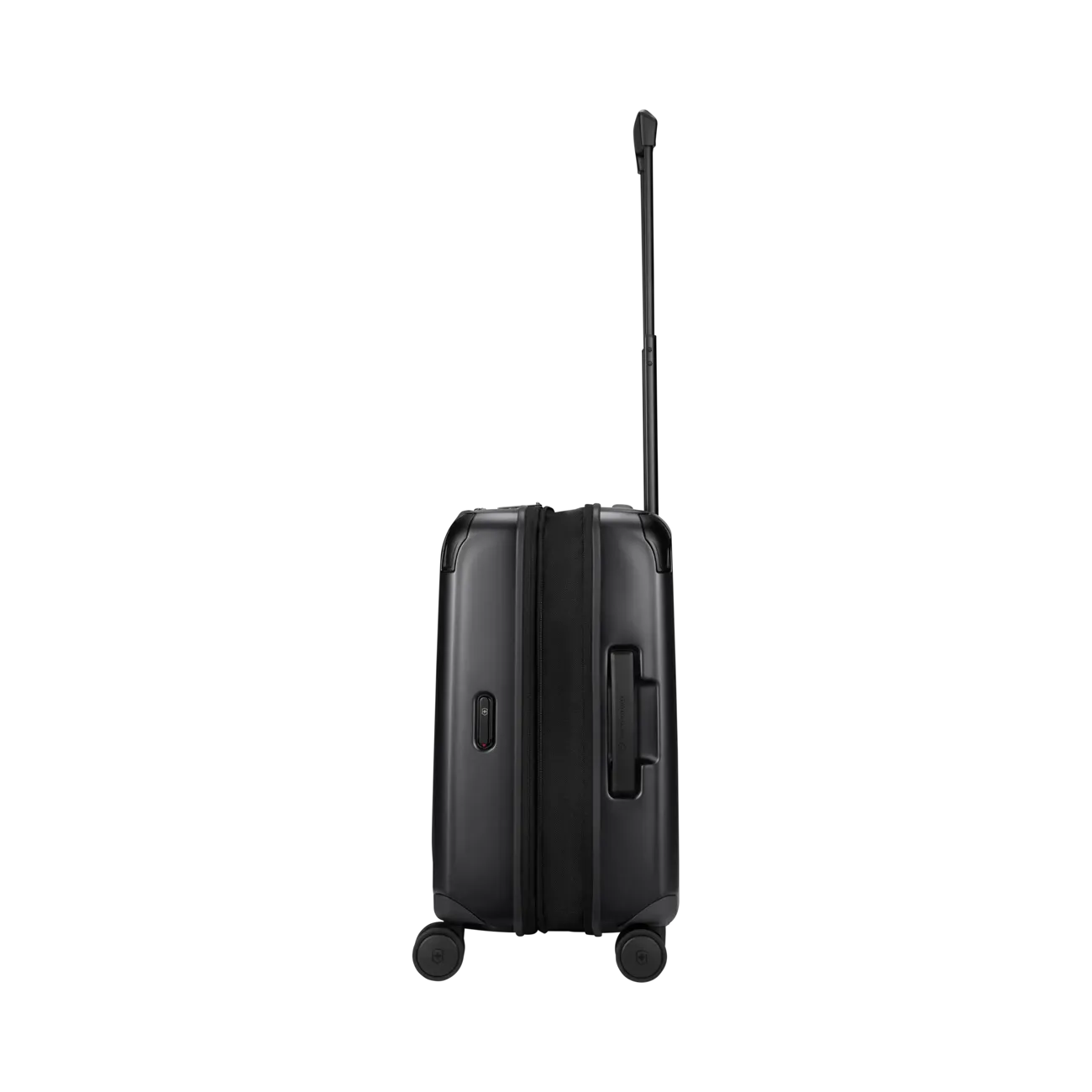 Black hard-shell rolling suitcase with an extendable handle.