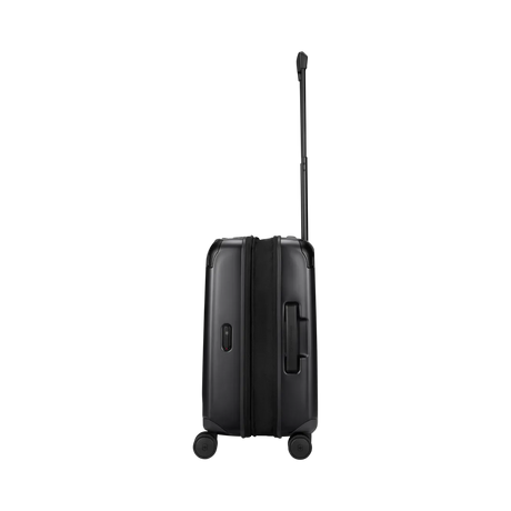 Black hard-shell rolling suitcase with an extendable handle.