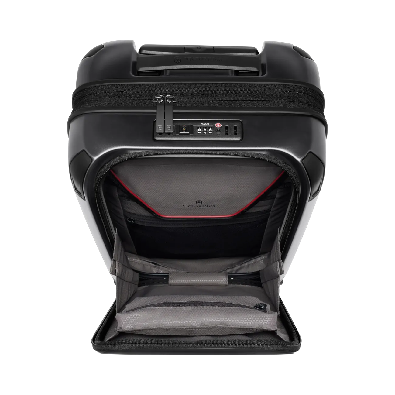Black hardshell rolling suitcase with an open front compartment.
