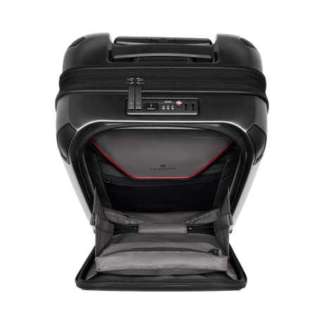 Black hardshell rolling suitcase with an open front compartment.