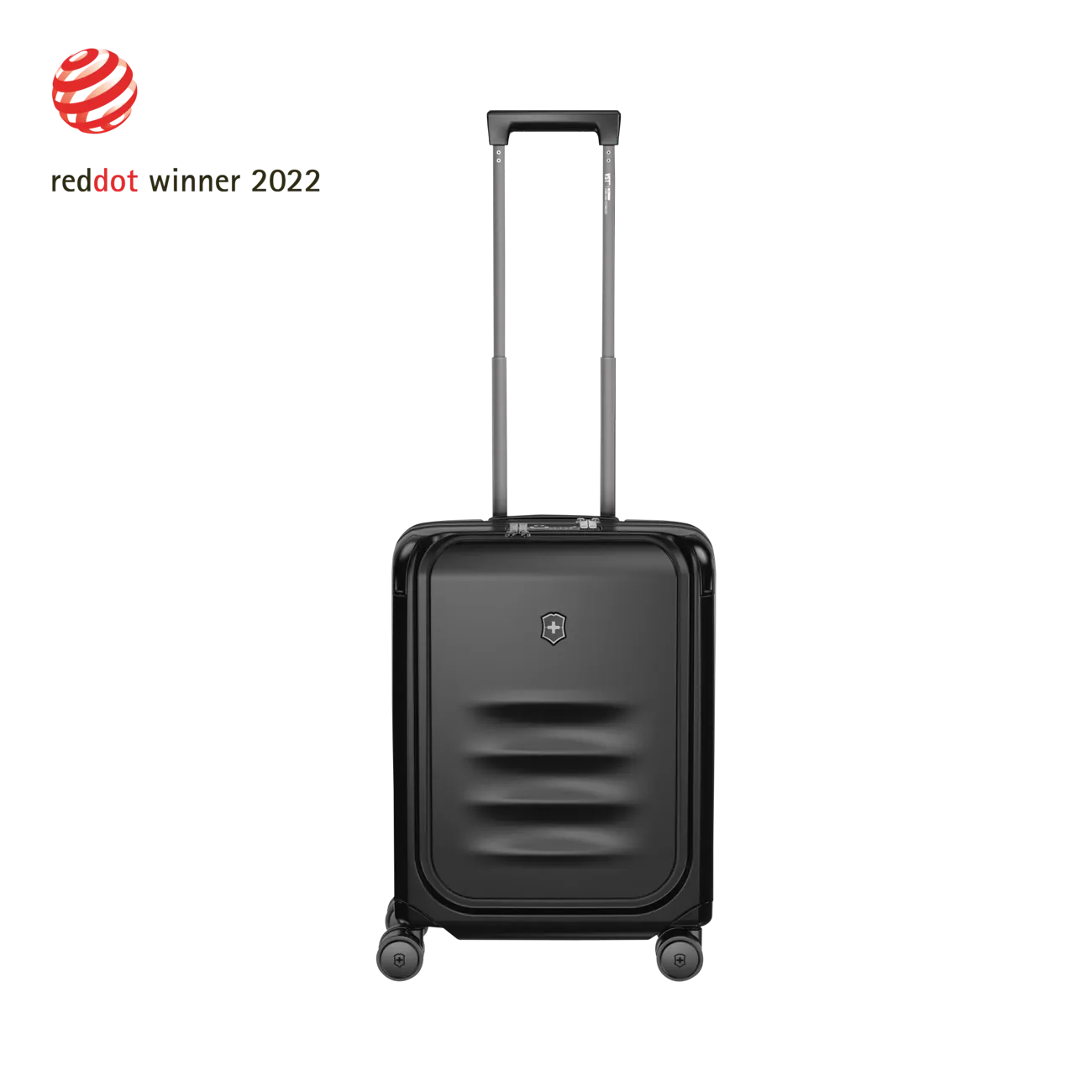 Black hardshell rolling suitcase with an extendable handle and wheels.