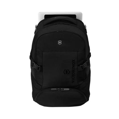Black backpack with multiple compartments and straps.
