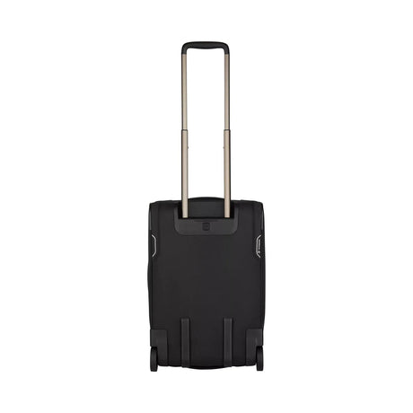 Black wheeled carry-on suitcase with an extendable metal handle.