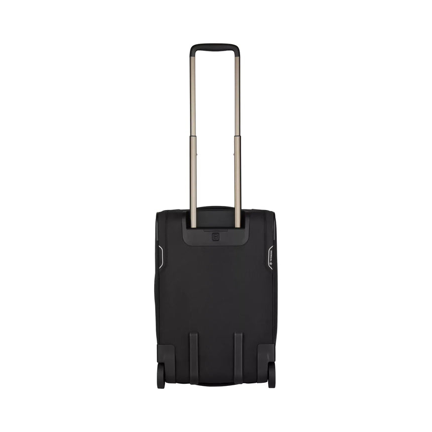 Black wheeled carry-on suitcase with an extendable metal handle.