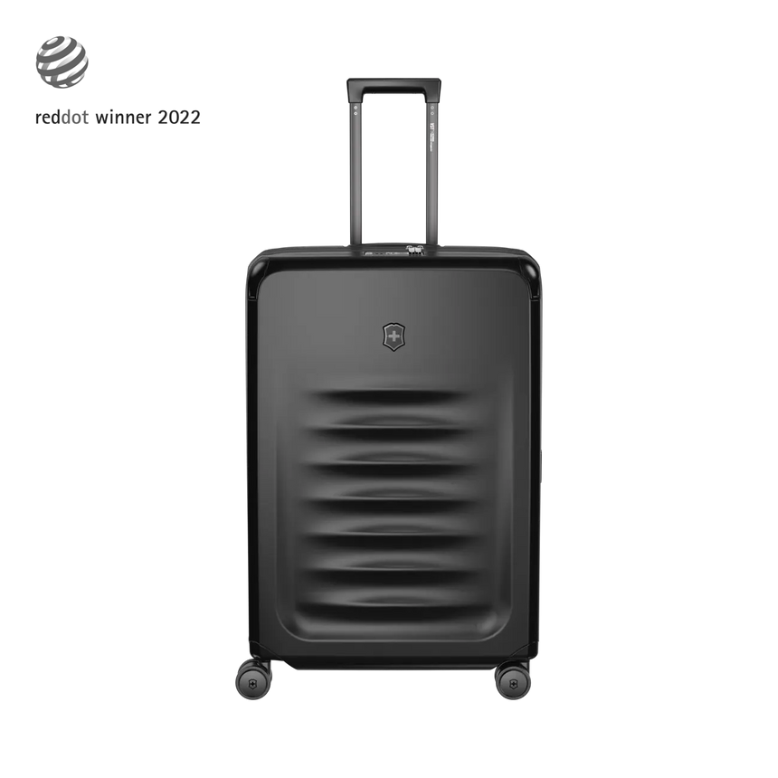 Black hardshell suitcase with horizontal ridges and a retractable handle.