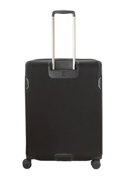 Black rolling suitcase with an extendable handle.