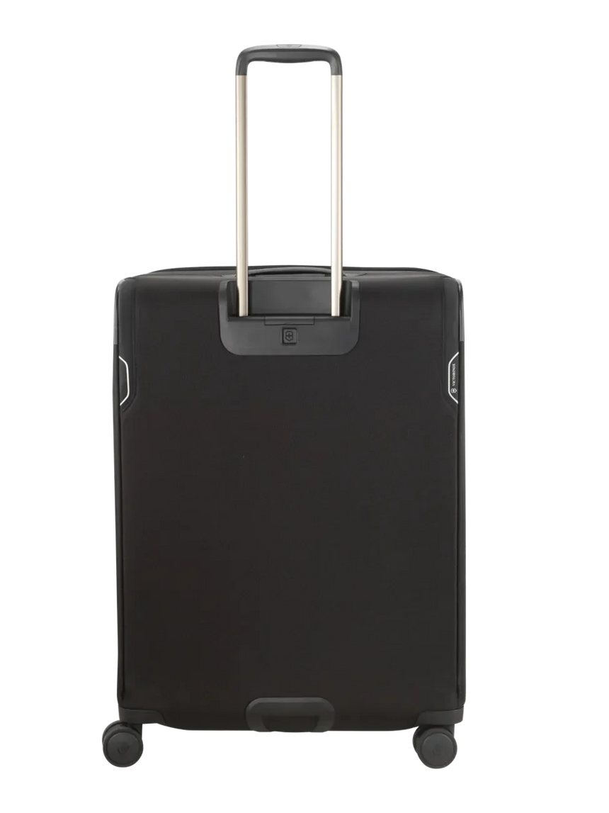 Black rolling suitcase with an extendable handle.