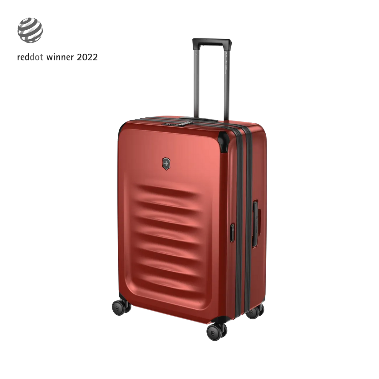 Red hardshell rolling suitcase with horizontal ridges and an extendable handle.