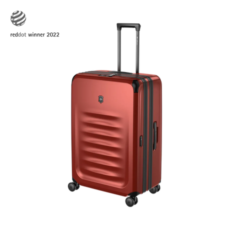 Red hardshell rolling suitcase with horizontal ridges and an extendable handle.