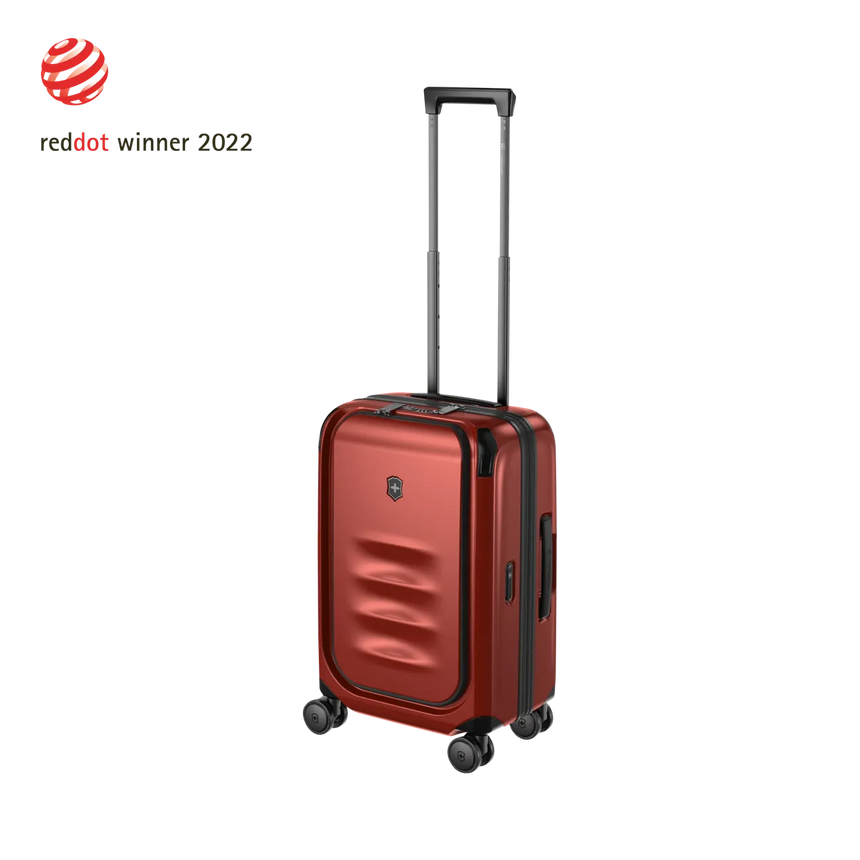 Red hardshell carry-on suitcase with a telescoping handle and wheels.