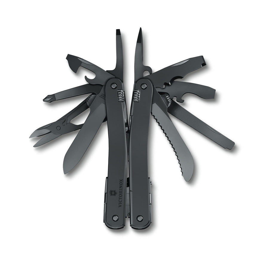 Multi-tool with pliers and various folding implements in a dark gray or black finish.