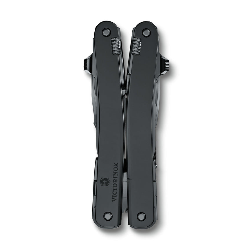 Black multi-tool with plier handles and folded implements.