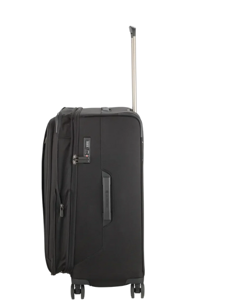 Black wheeled suitcase with an extendable handle.