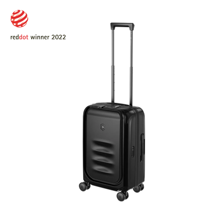 Black hardshell carry-on suitcase with a retractable handle and wheels.