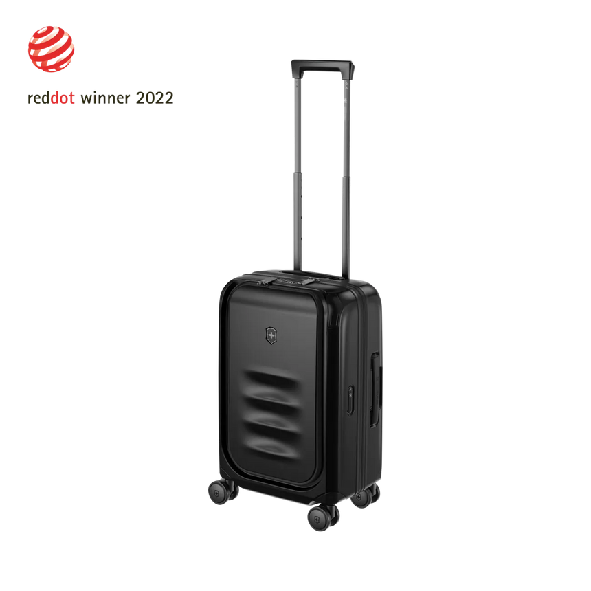 Black hardshell carry-on suitcase with a retractable handle and wheels.