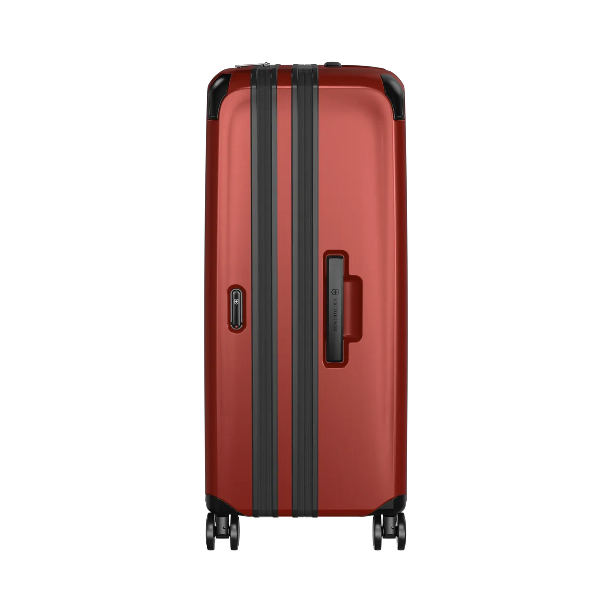 Red hardshell suitcase with black trim and wheels.
