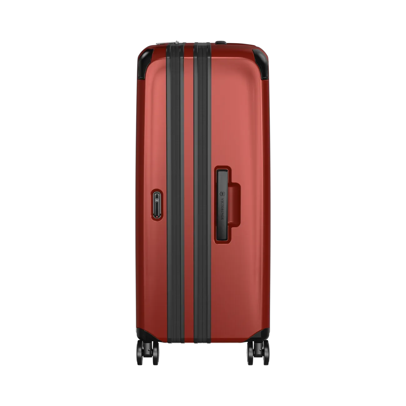 Red hardshell suitcase with black trim and wheels.