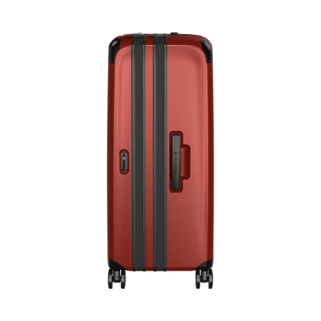 Red hardshell suitcase with black trim and wheels.