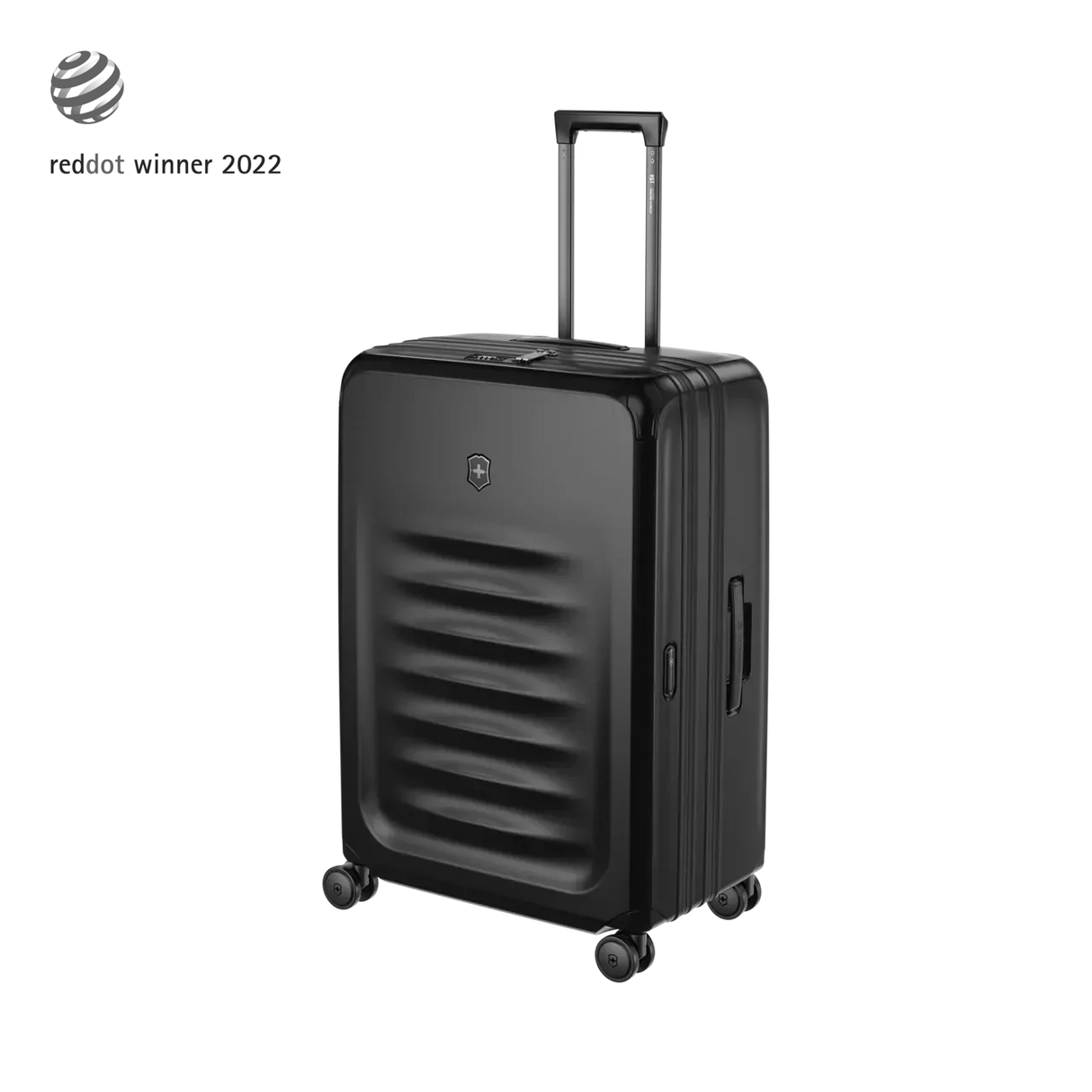 Black hardshell suitcase with horizontal ridges and a retractable handle.
