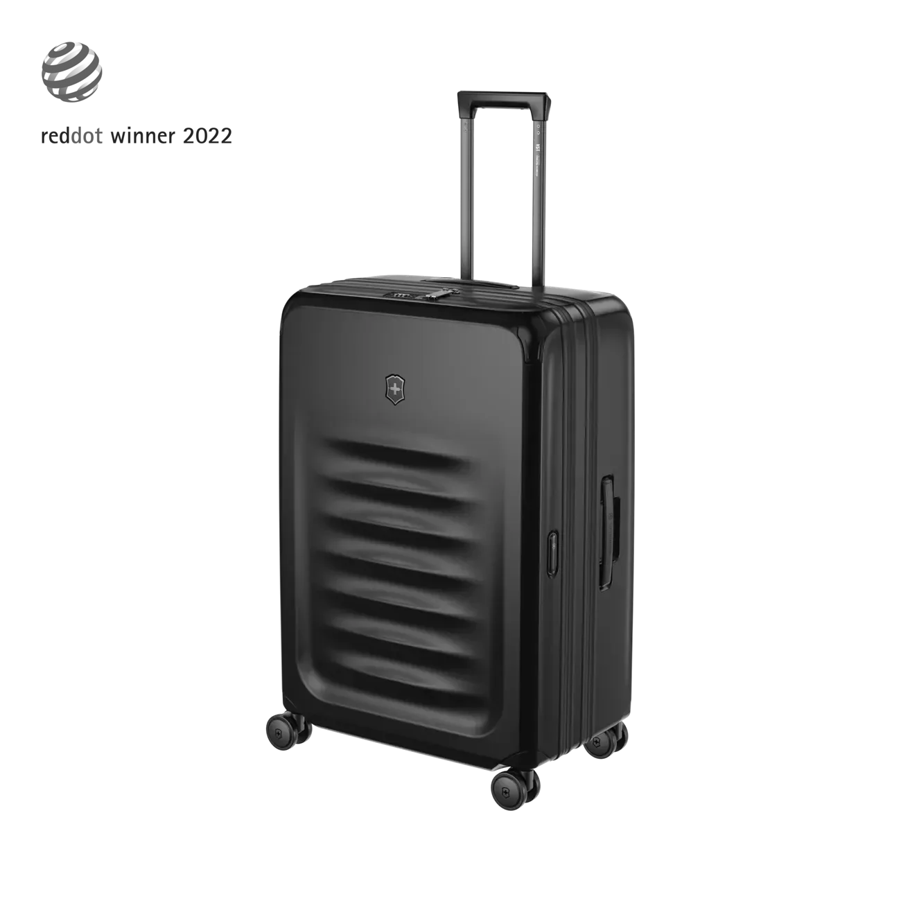 Black hardshell suitcase with horizontal ridges and a retractable handle.