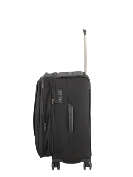 Black wheeled suitcase with an extendable handle.