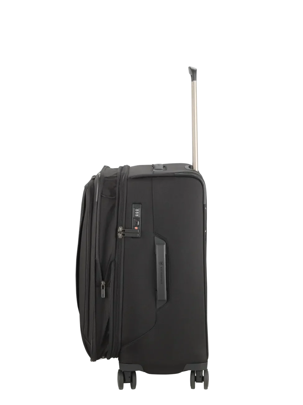 Black wheeled suitcase with an extendable handle.