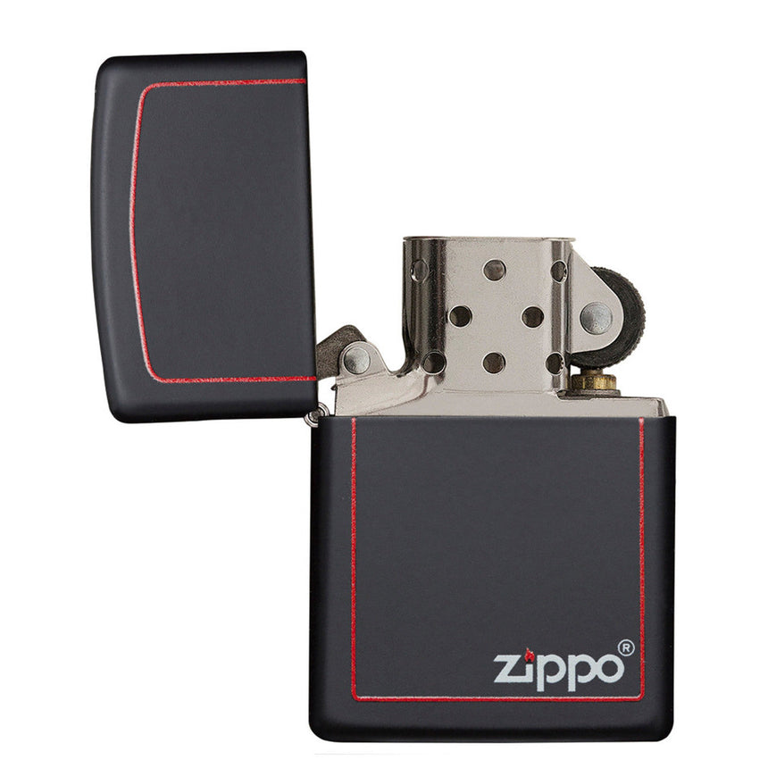 Black Zippo lighter with red trim and silver metal components.