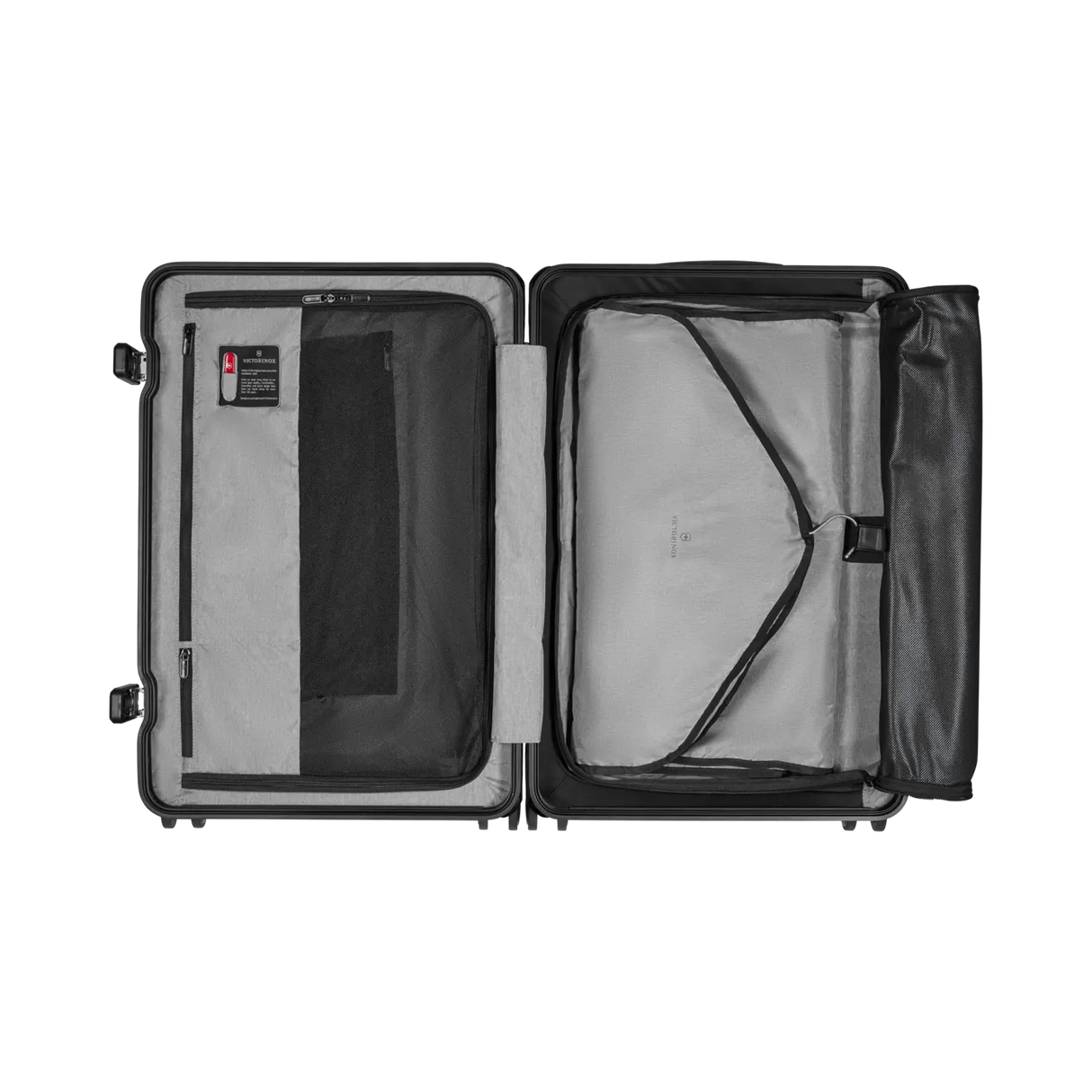 Open suitcase with compartments and straps for organizing contents.