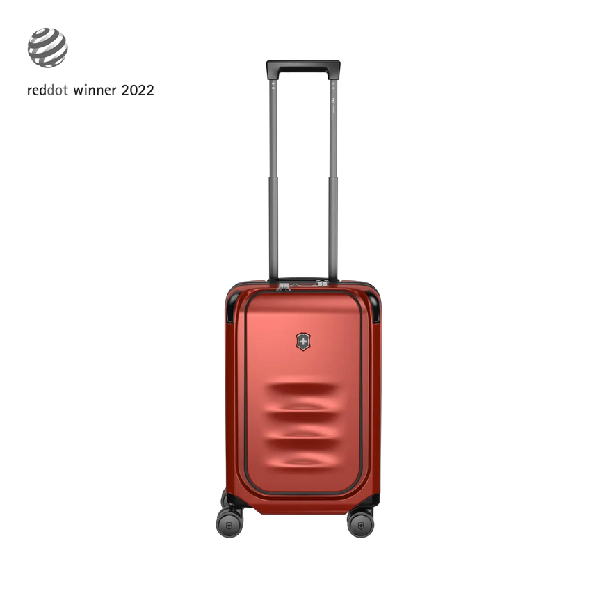 Red hardshell carry-on suitcase with a telescoping handle and wheels.