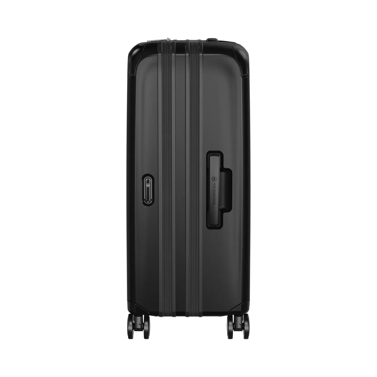 Black hardshell rolling suitcase with vertical ridges and a side handle.