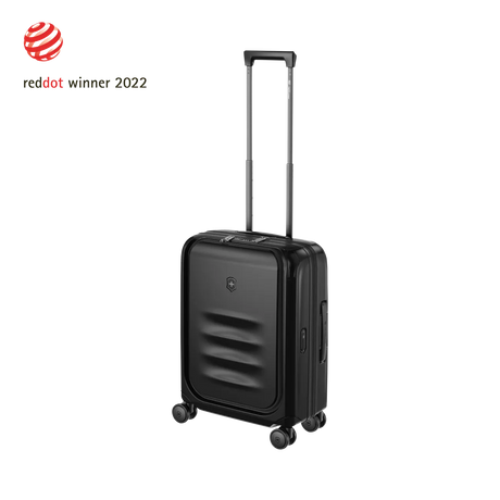 Black hardshell carry-on suitcase with a retractable handle and wheels.