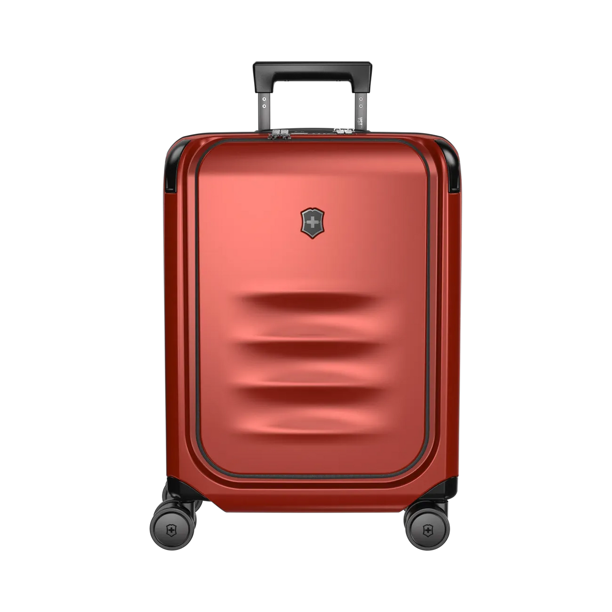 Red hardshell rolling suitcase with a retractable handle and wheels.