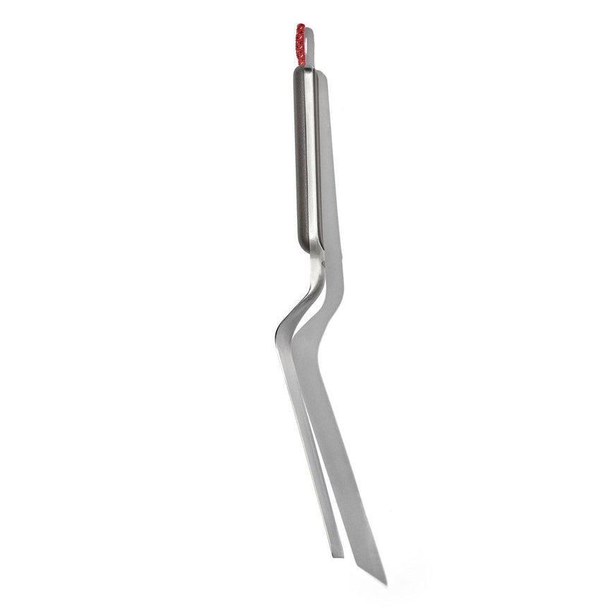 Stainless steel tweezers with angled tips and a red accent on the end.