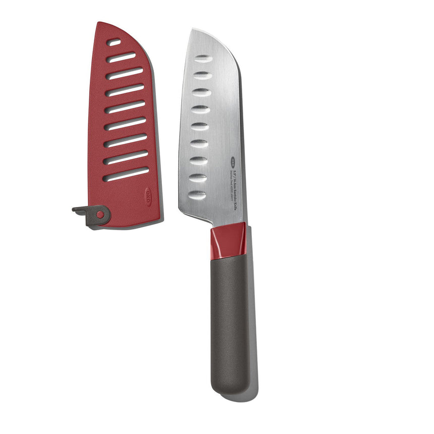 Santoku knife with a red and gray handle and protective sheath.