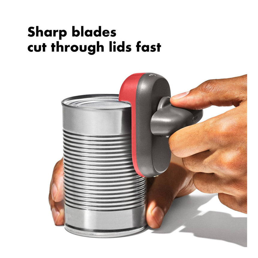 Can opener with sharp blades designed to cut through metal lids quickly.