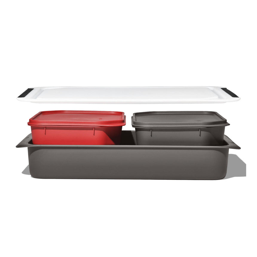 Set of stackable plastic storage containers in red, gray, and white colors.