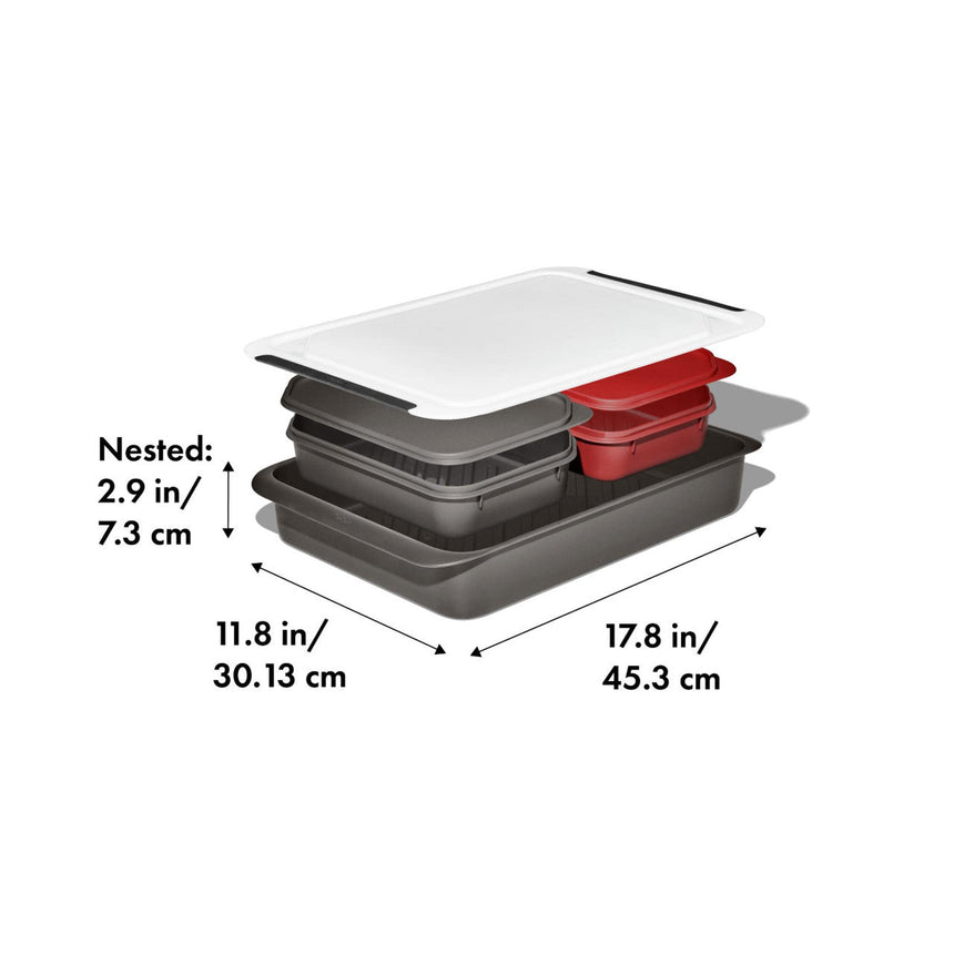 Set of nested food storage containers with various sizes and shapes.