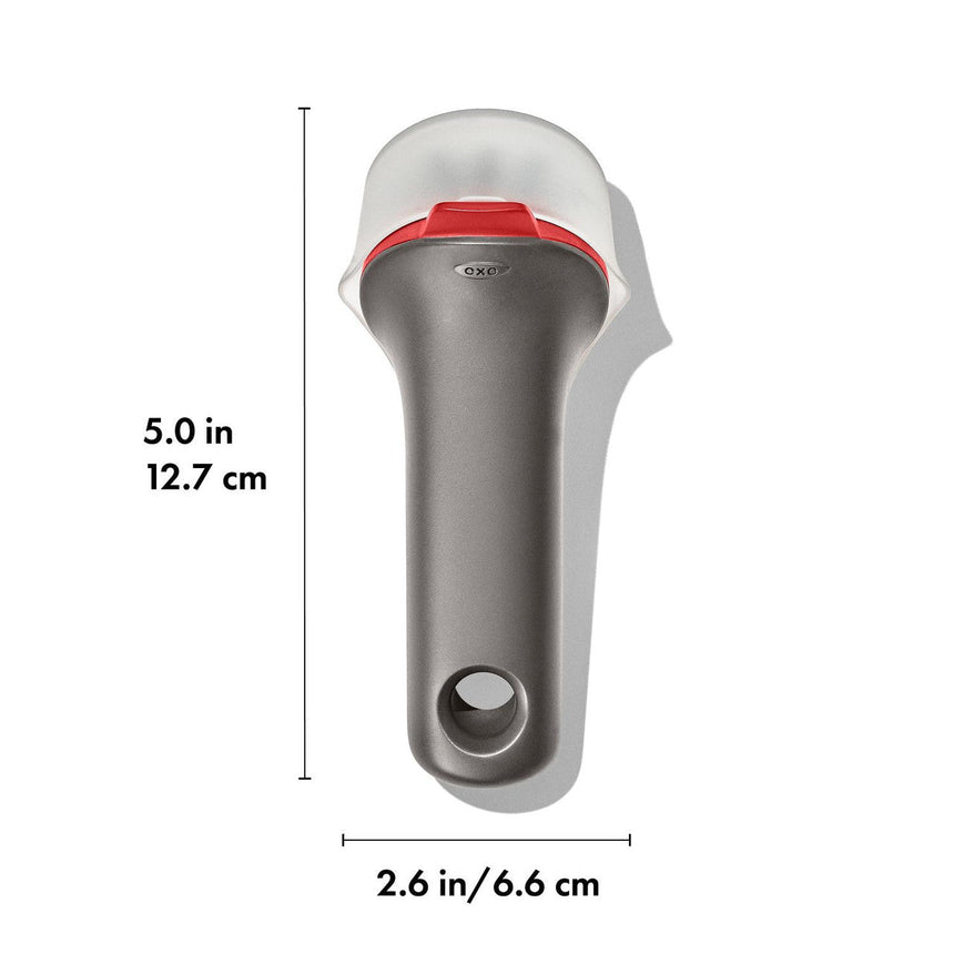 Handheld barcode scanner with a gray body and red top button.