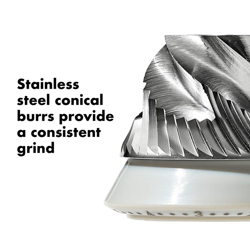 Conical burr grinder with stainless steel grinding mechanism.