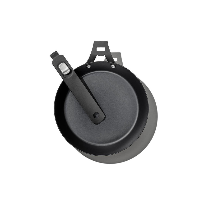 Caster wheel with a black metal frame and gray rubber wheel.